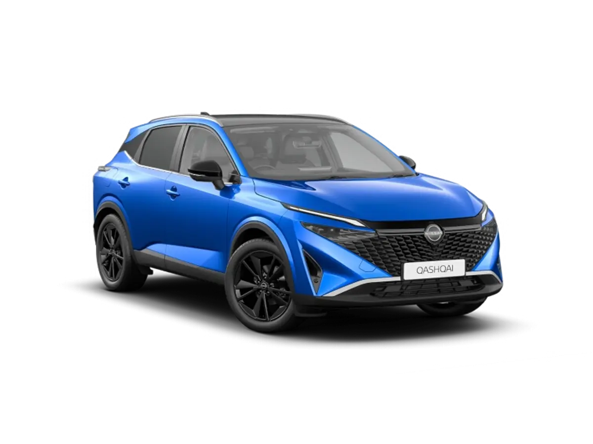 Blue Nissan QASHQAI SUV with sleek design, black grille, dark alloy wheels, and tinted windows, shown on a white background.