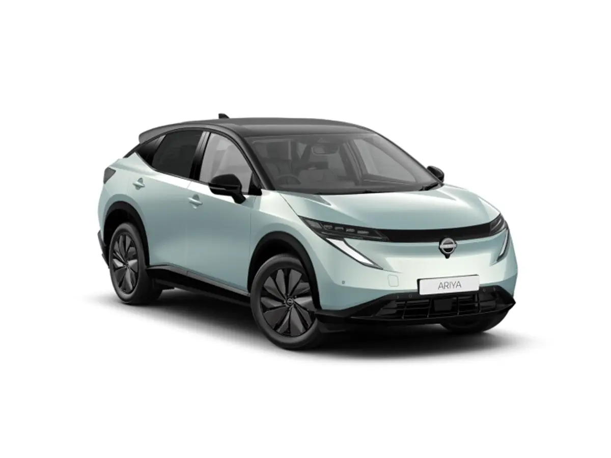Nissan ARIYA electric SUV, light blue with sleek design, black roof, and modern LED headlights.