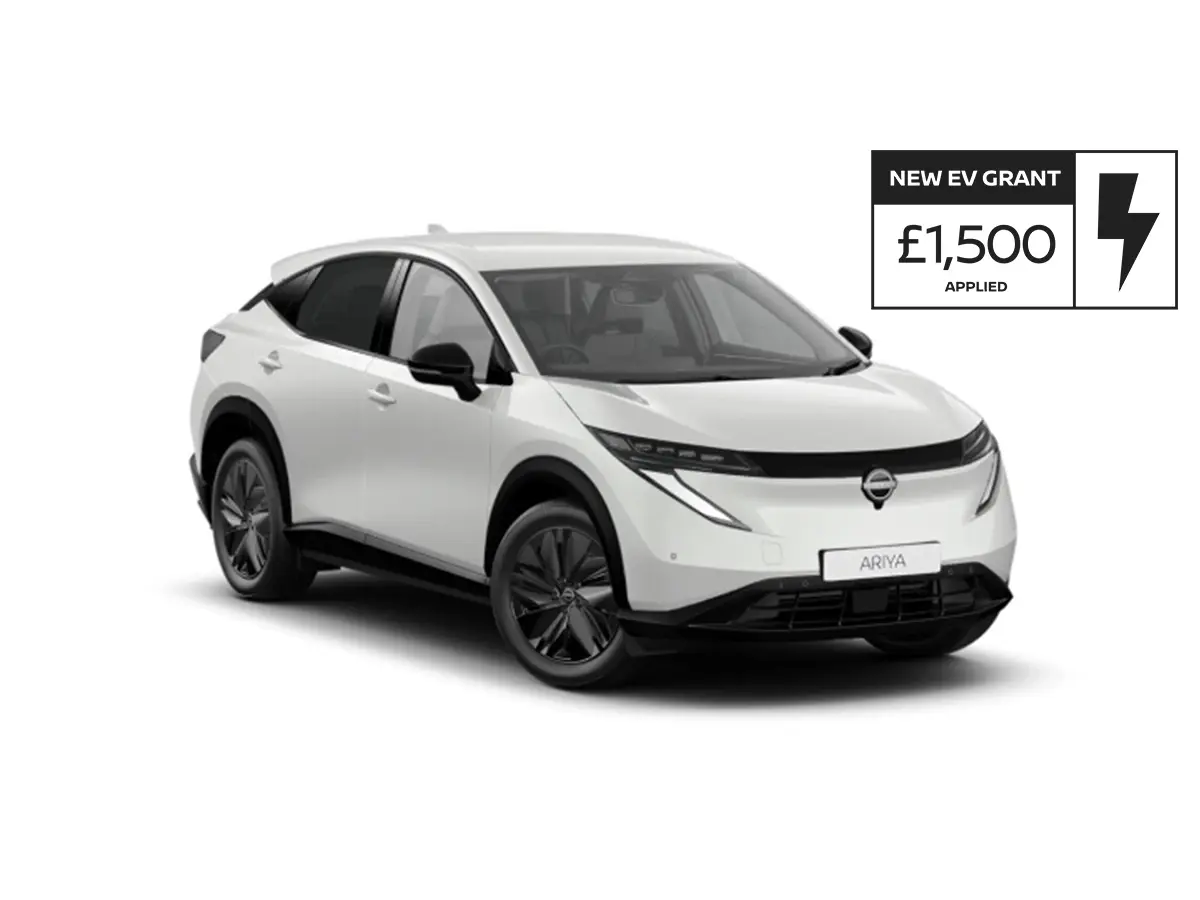 White Nissan ARIYA electric vehicle with a £1,500 EV grant offer displayed.