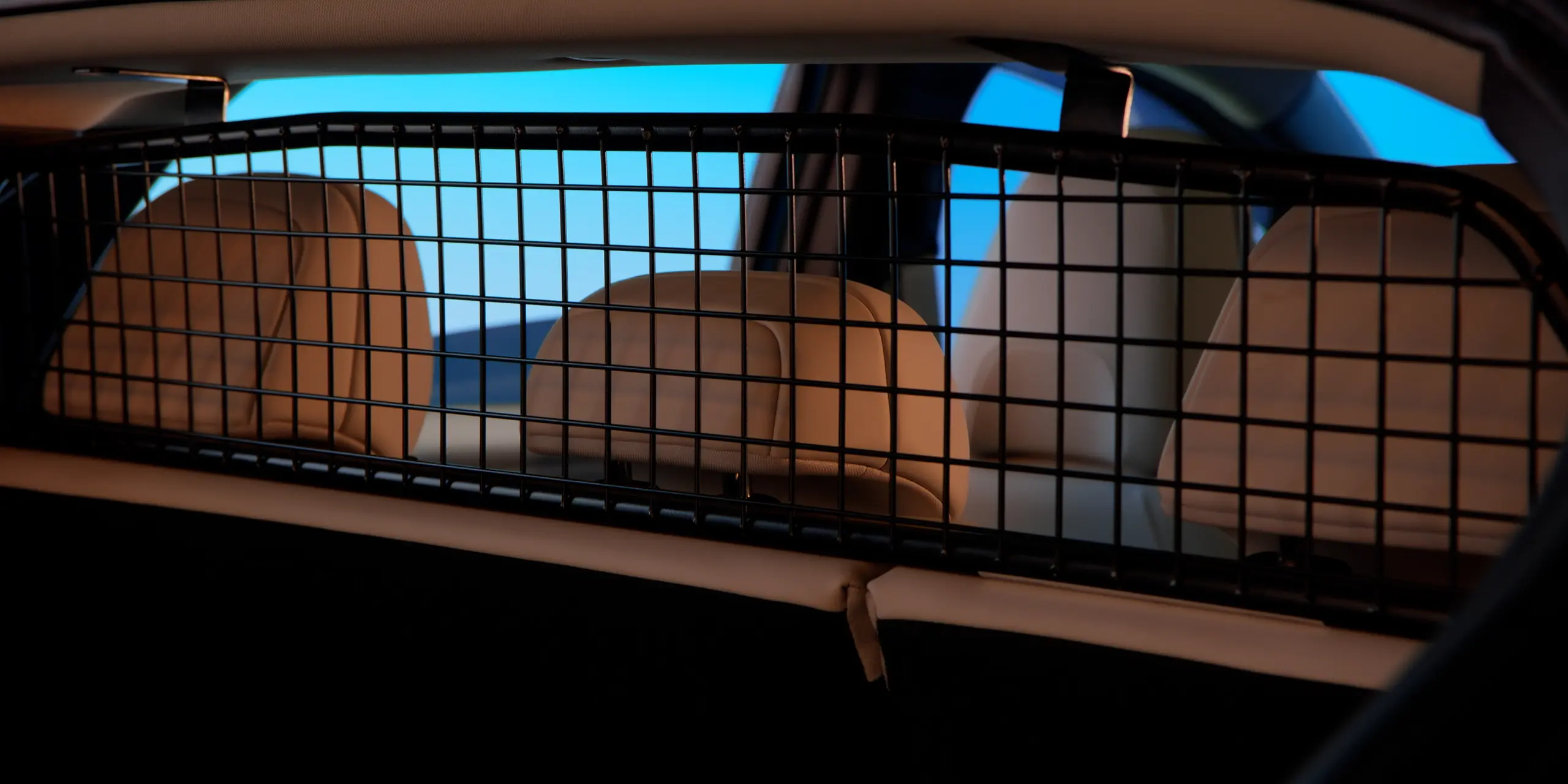 Black metal car partition installed behind the rear seats, viewed from the trunk.