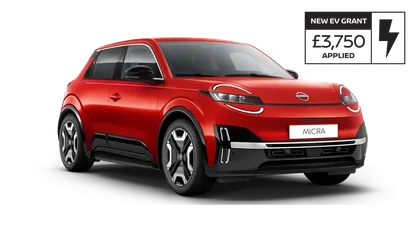 Red compact car with a modern design, featuring sleek headlights, black accents, and silver alloy wheels, viewed from the front-right angle.