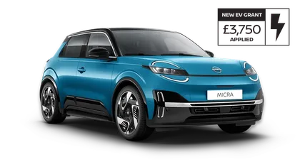 A blue compact car with black accents, featuring a sleek design, modern headlights, and a "MICRA" license plate on the front.