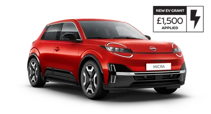 Red compact car with a sleek design, featuring black accents, modern headlights, and a "Micra" license plate on the front.