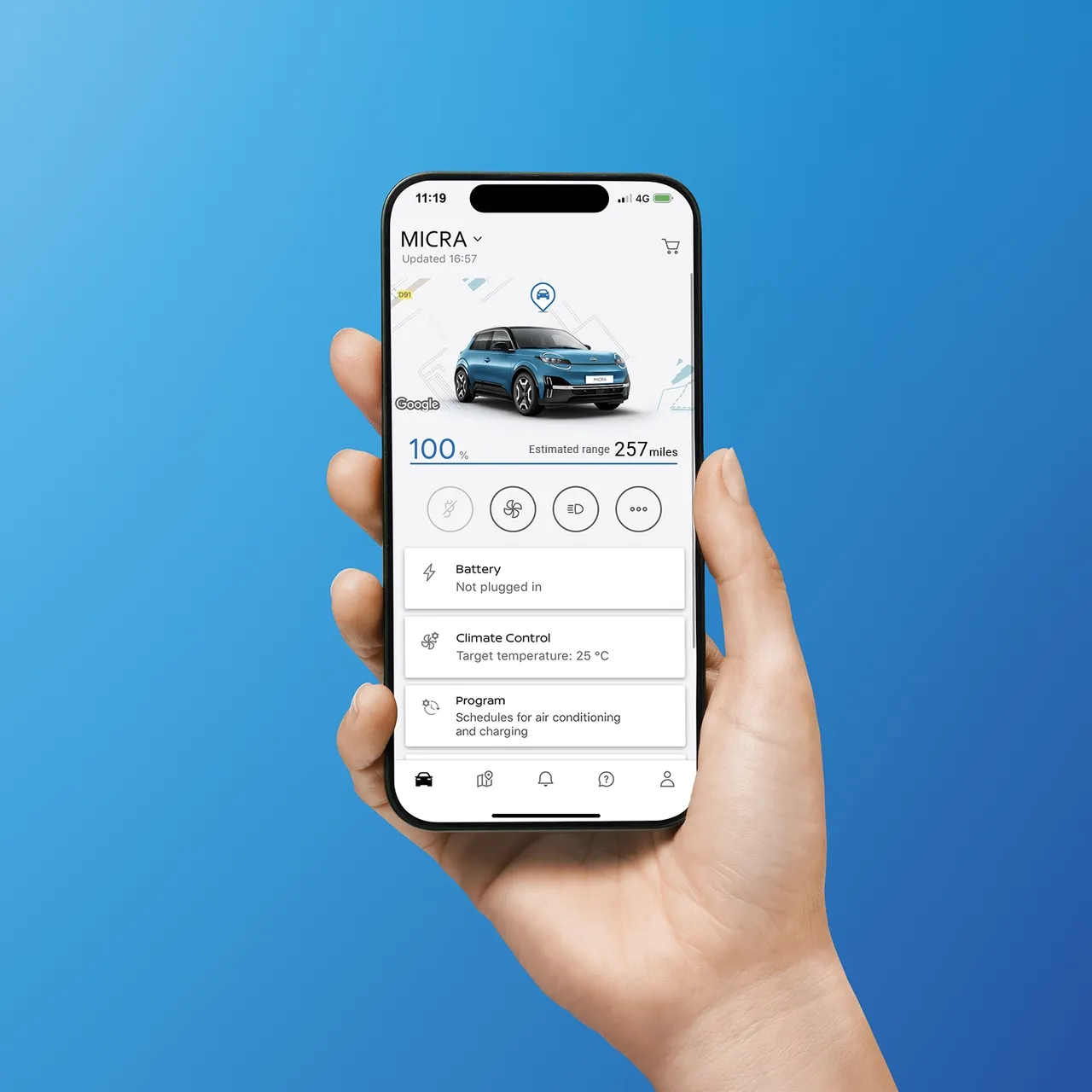 A phone on the NissanConnect Services app