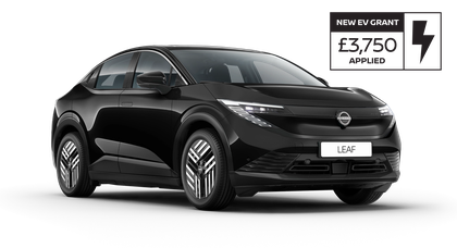 A sleek black LEAF with modern design, featuring sharp headlights and an aerodynamic body shape.