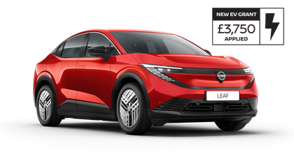 Red electric LEAF with sleek design, featuring modern headlights and a prominent front grille, set against a plain background.