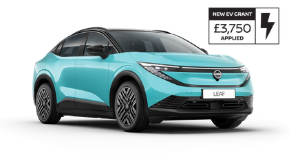 A turquoise Nissan LEAF electric car, showcasing sleek design and stylish rims, viewed from the side and front.