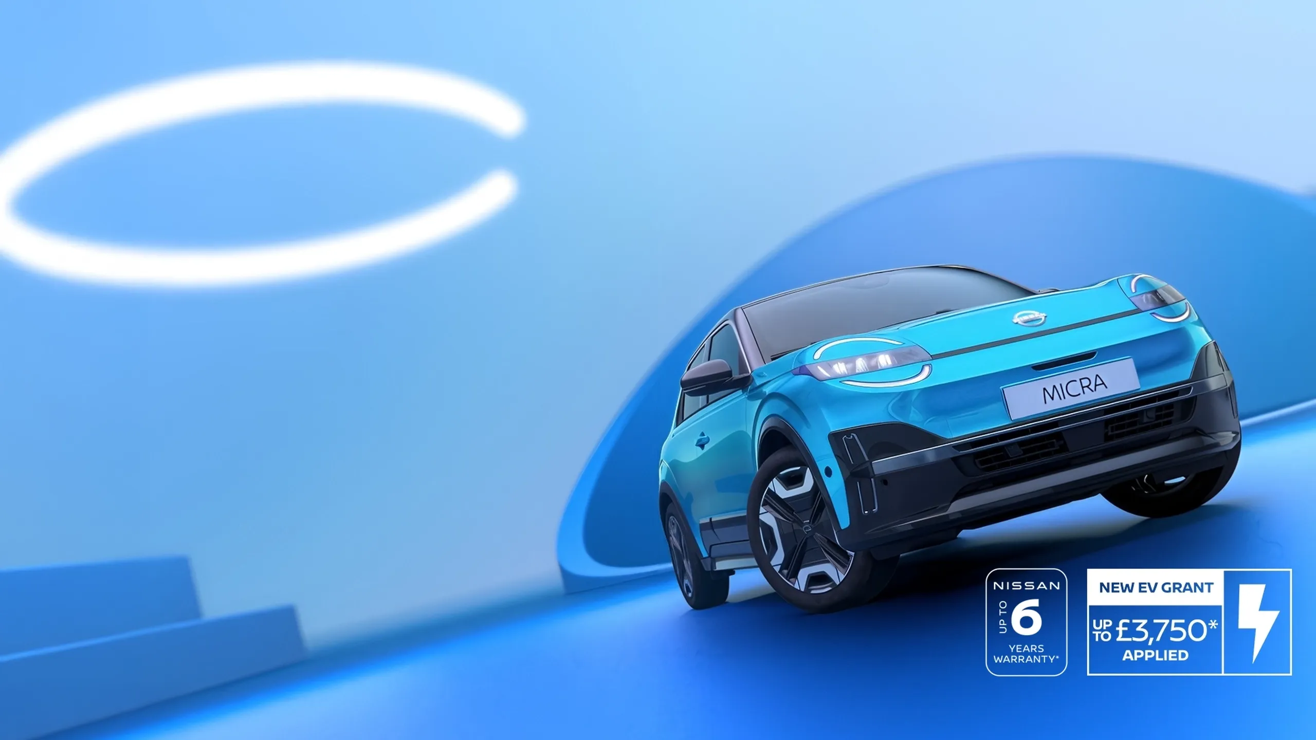 A blue Nissan MICRA electric vehicle on a stylized blue background with badges showing an EV grant and up to 6 years warranty displayed.