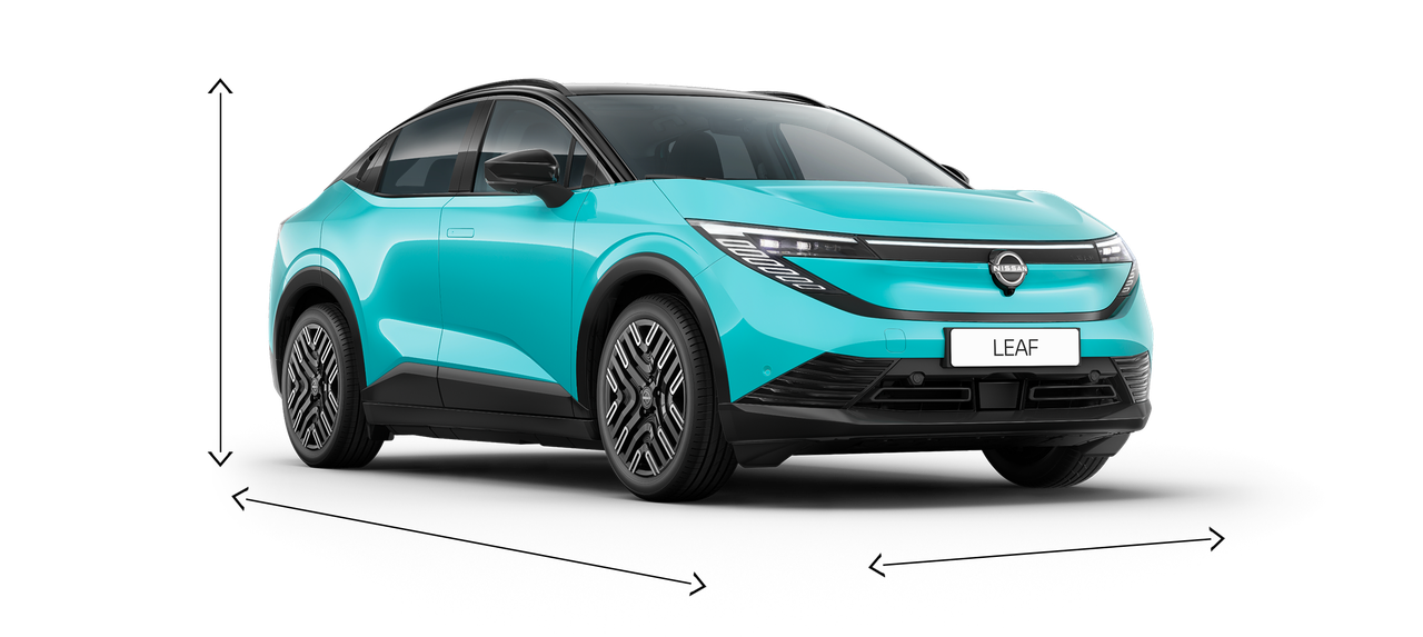 Nissan Leaf voiture familiale électrique vue avant 3/4 avec dimensions