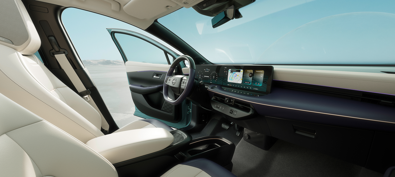 Vue du siège passager de la Nissan LEAF depuis l’habitacle