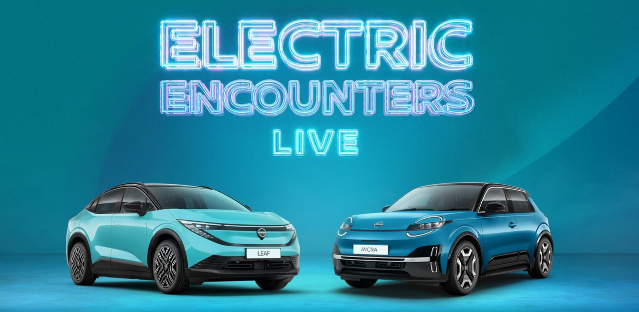 Two electric vehicles, a teal all-new Nissan LEAF and blue all-new Nissan Micra, are displayed against a blue background with the neon text "Electric Encounters Live" above.